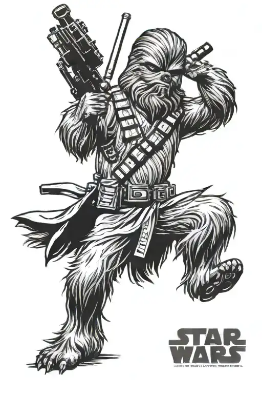 Star Wars Chewbacca Holding Ligtsaber And Figting Imperial Stormtroopers