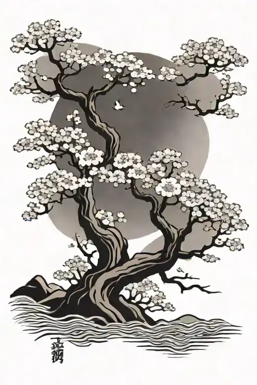 Cherry Blossom Trees With Rising Sun