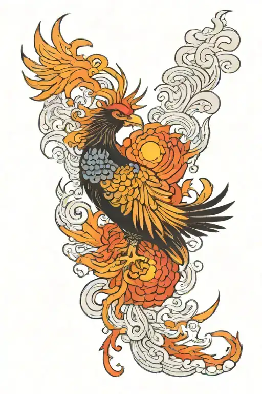 A Japanese Phoenix With A Huge Burning Sun Upon Him