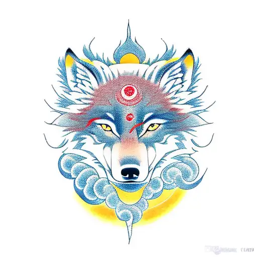 Japanese Style Wolf Okami With Red Sun Behind