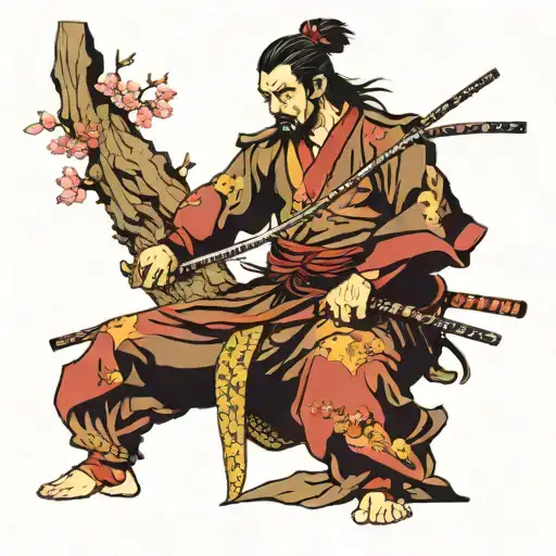 Lonely Samurai And Near Sakura Tree That Make Shape Of Ing&yang