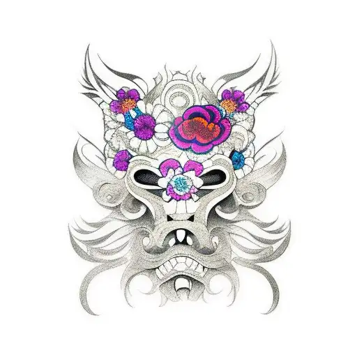 Broken Samari Mask With Flowers