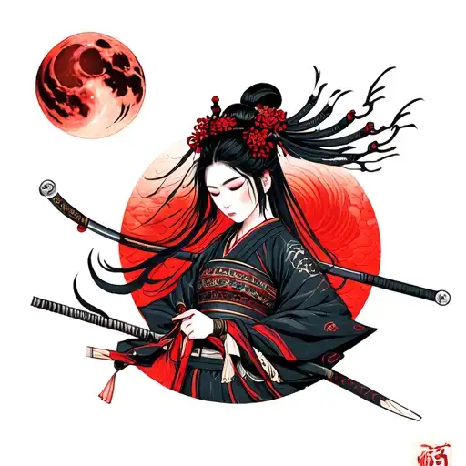 Female Samurai And Blood Moon