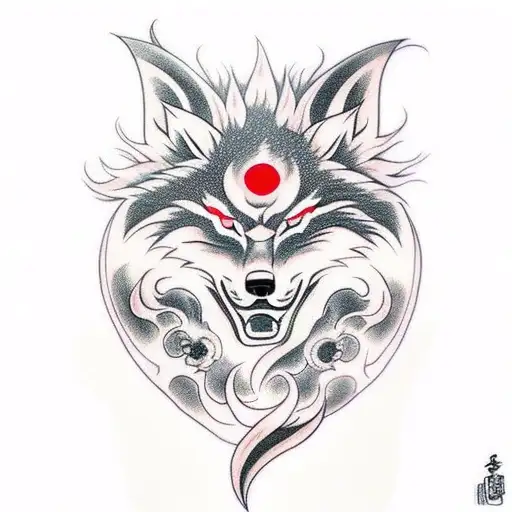 Okami Wolf Full Back Tattoo With Red Sun Behind
