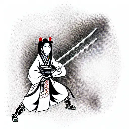 Samurai Girl With A Katana To Her Hands Against The Background Of The Red Sun