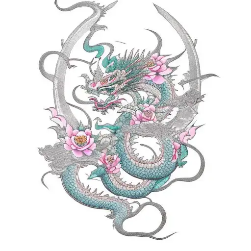 Feminine Dragon With Sword With Flowers