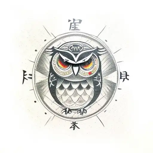 Intimidating Owl With Compass And Dragon And Fire