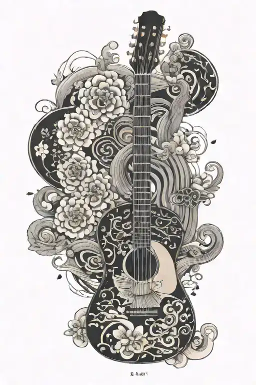 A Surrealistic Guitar Merging With Traditional Japanese Motifs