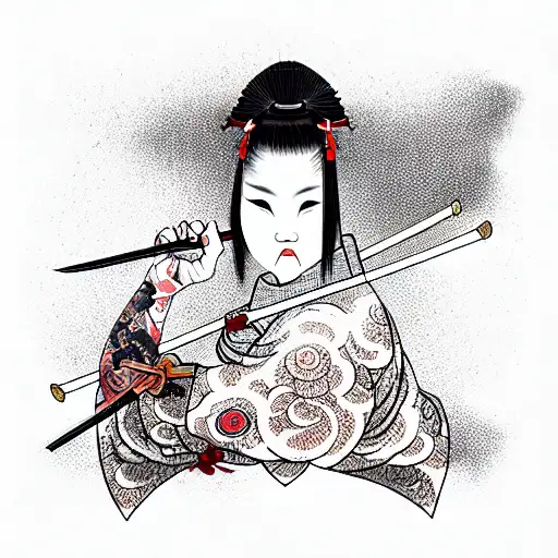 Samurai Girl With A Katana To Her Hands Against The Background Of The Red Sun