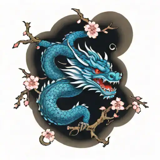 Blue Dragon With Blue Cherry Blossoms