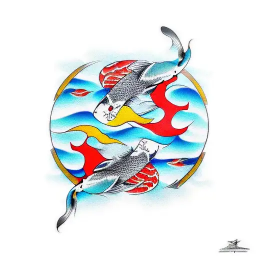 Trident With Two Koi Fish Swimming Around It