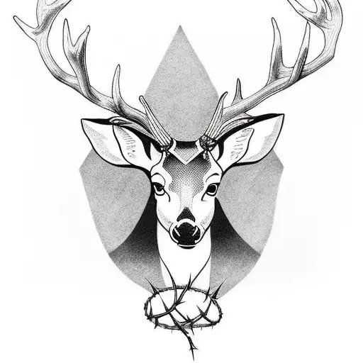 A Blackwork Tattoo Of A Deer With Barbed Wire Wrapped Around Its Antlers