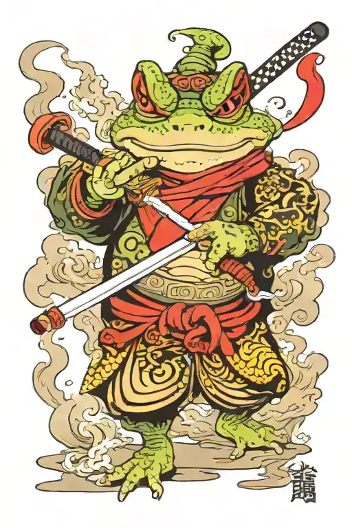 A Samurai Toad With A Katana And Smoking A Pipe Where Smoke Comes Out