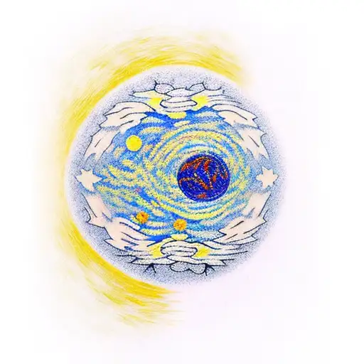 A Minimalist Tattoo Of Van Gogh's Starry Night With A Soccer Ball Incorporated Into The Sky