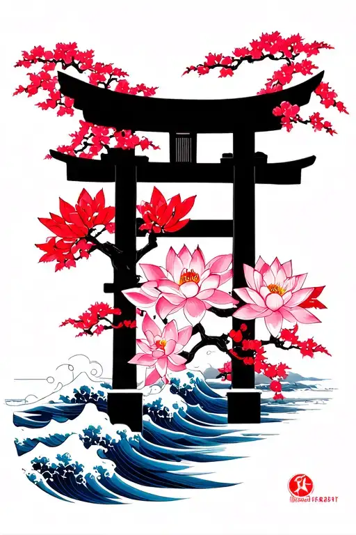 Sakura Tree Lotus Flowers Japanese Tree Torii Gate Waves Red Blue Black