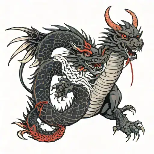 Dragon With Katanas Attached With A Red Thread