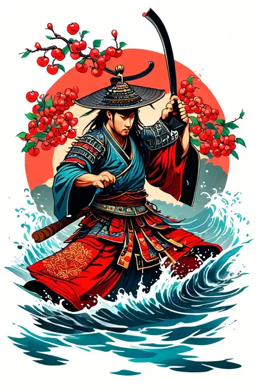 Water Samurai In A Fighting Stance Surrounded By Cherry