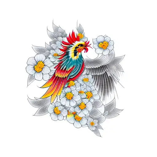 Phoenix Bird And Yellow Apricot Flower Tattoo