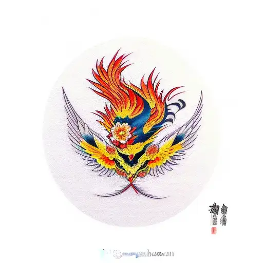 Phoenix Bird And Yellow Apricot Flower Tattoo