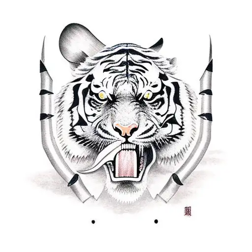 Tiger With Oni Mask Biting A Sword