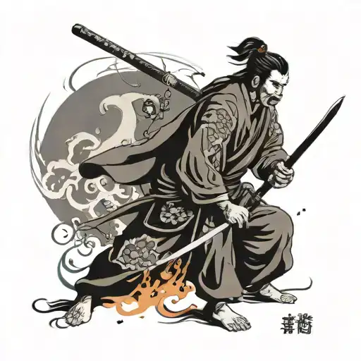 Samurai Standing With Fire Sword Wrapped Loosely