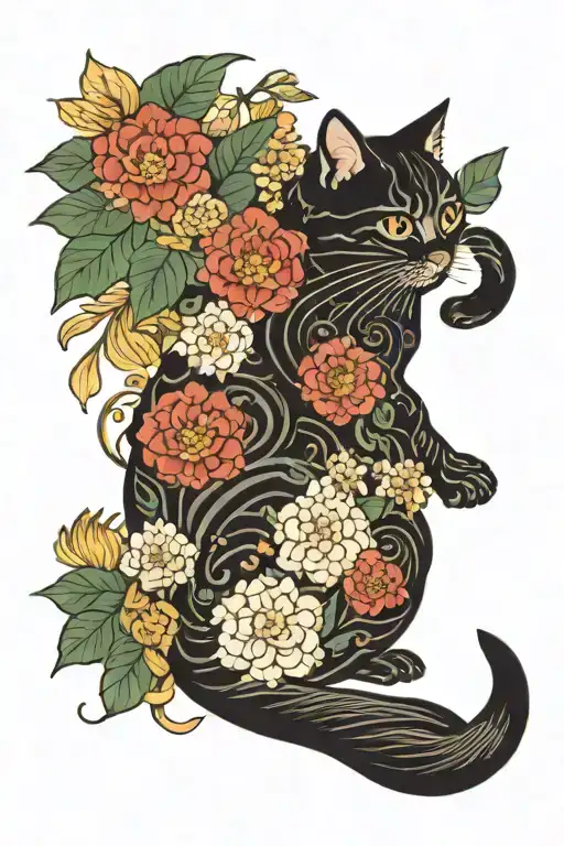 Japanese-style Cat In Flowers Growing