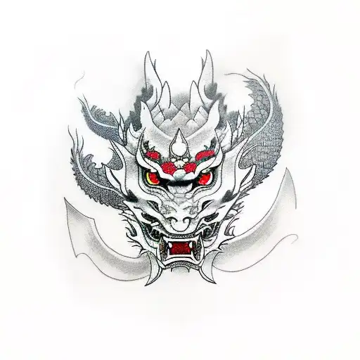 Dragon And Samurai Mask And Flower Tattoo