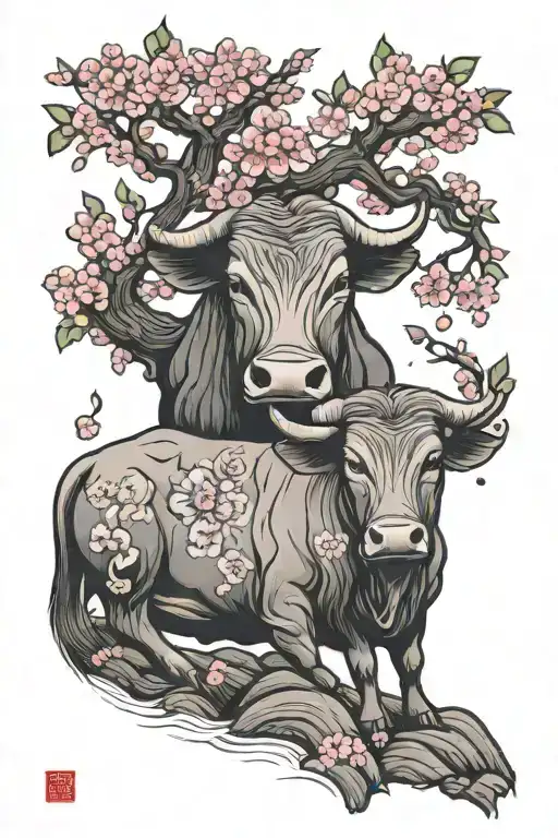 Chinese Ox Under A Sakura Tree
