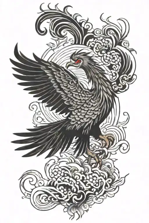 A Japanese Phoenix With A Burning Sun Upon Him