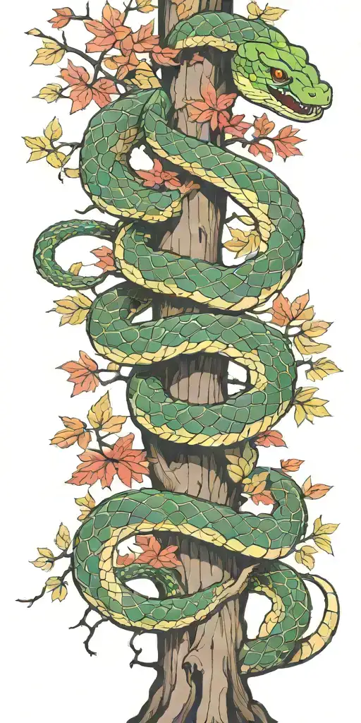 Tree Trunk With Olive Green Cobra Coiling Around It With Red Maple Leaves With Color
