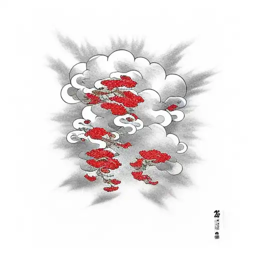 Korean Architecture And Japanese Clouds With Red Smoke And Flowers