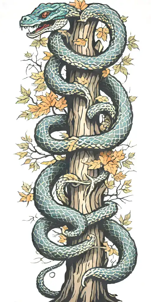 Tree Trunk With Cobra Coiling Around It With Maple Leaves With Color