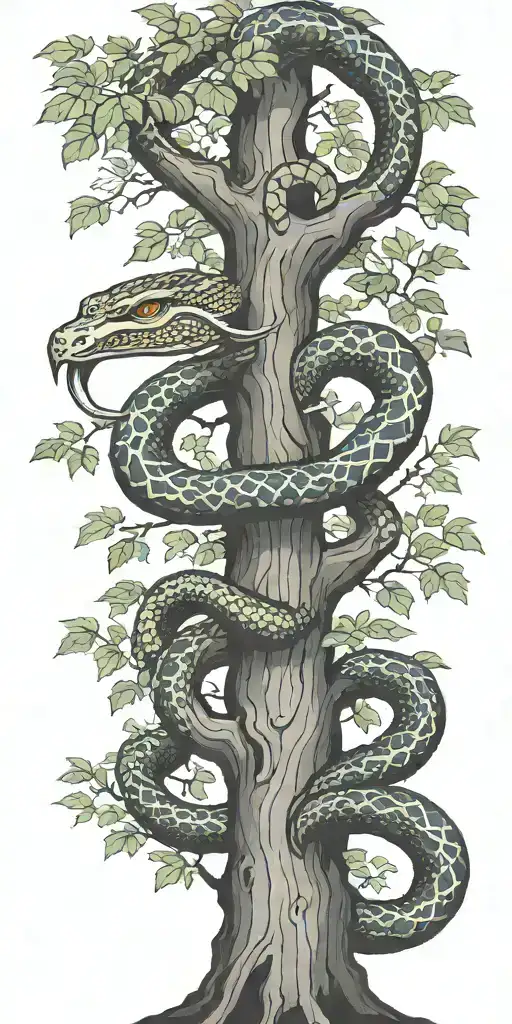 Tree Trunk With Cobra Coiling Around It With Maple Leaves