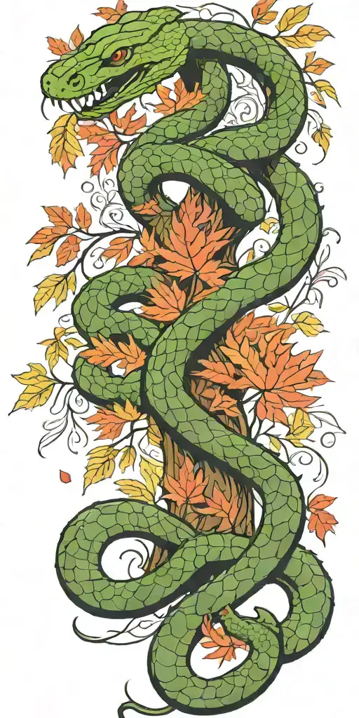 Tree Trunk With Olive Green Cobra Coiling Around It With Red Maple Leaves With Color