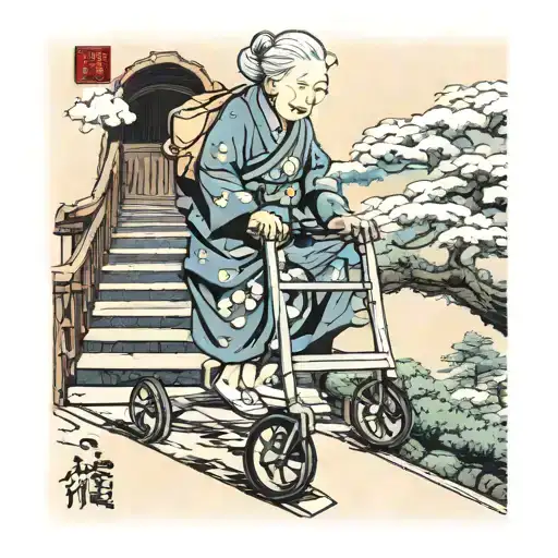 Elderly Woman With A Folding Walker Entering In The Heaven Stairway