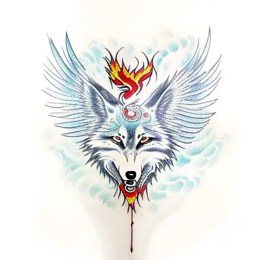 Phoenix And Wolf Emerging From Water
