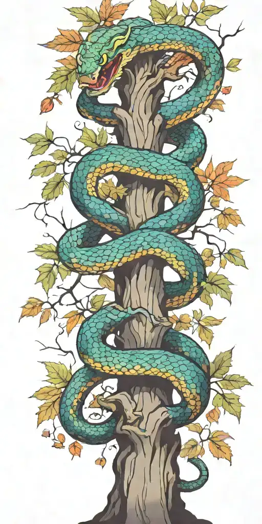 Tree Trunk With Cobra Coiling Around It With Maple Leaves With Color