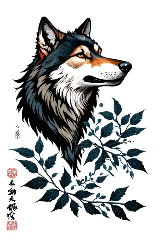 Wolf And Laurel Leaves
