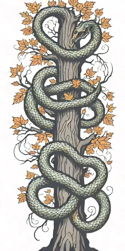 Tree Trunk With Cobra Coiling Around It With Maple Leaves With Color