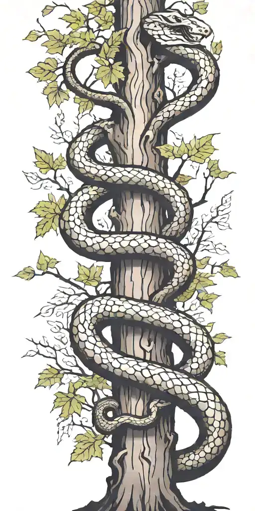 Tree Trunk With Cobra Coiling Around It With Maple Leaves With Color