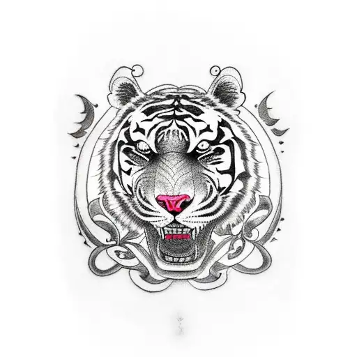 An Occult Themed Tattoo Featuring A Tiger Surrounded By Mysterious Symbols And Runes