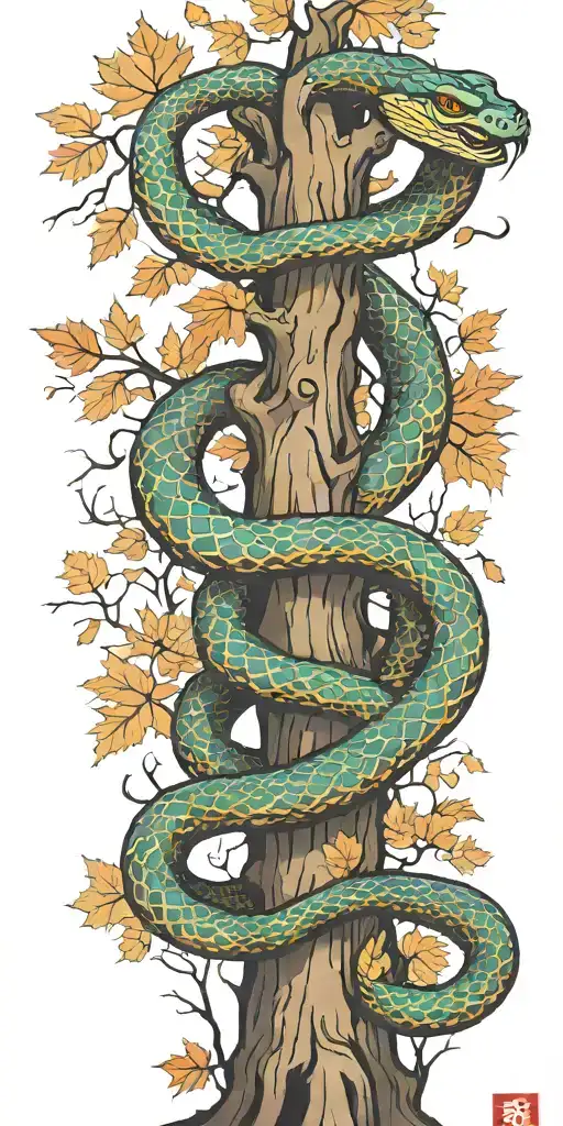 Tree Trunk With Cobra Coiling Around It With Maple Leaves With Color