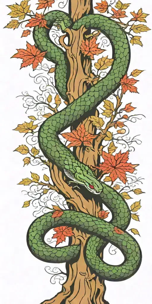 Tree Trunk With Olive Green Cobra Coiling Around It With Red Maple Leaves With Color