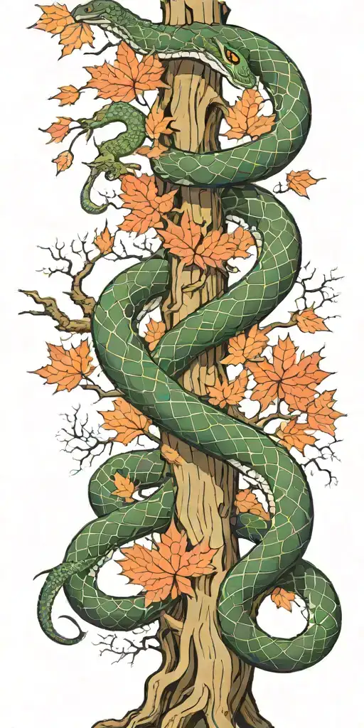 Tree Trunk With Olive Green Cobra Coiling Around It With Red Maple Leaves With Color