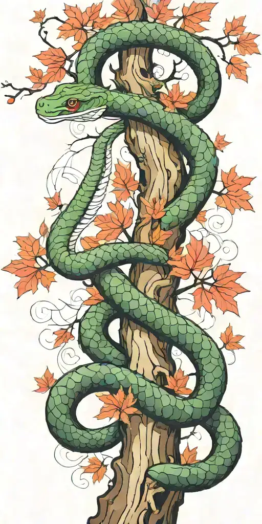 Tree Trunk With Olive Green Cobra Coiling Around It With Red Maple Leaves With Color
