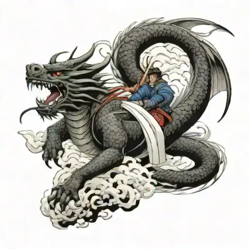 Dragon Flying And Samurai Warrior