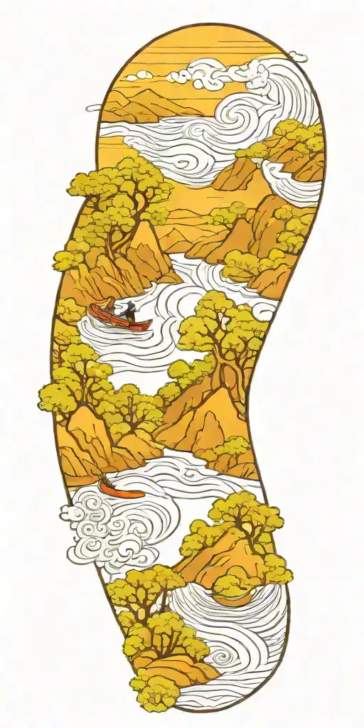 A Mountain Landscape With A Winding River And A Kayaker Navigating The Rapids