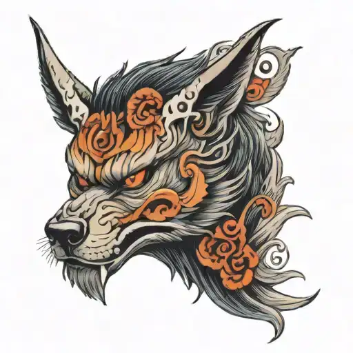 Wolf With Horns That Wearing A Oni Mask With White Eye In Right