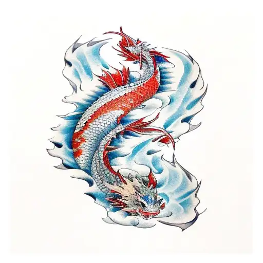 Koi Fish Transforming Into A Dragon And Surrounded By Water