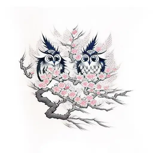 Cherry Blossom And Two Cute Owl